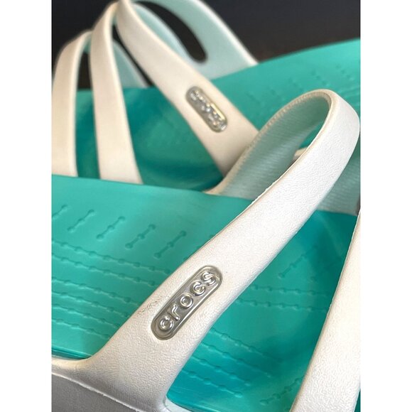 Slip On Sandals Straps Crocs White Green Water Shoes Slide Wedge Heel Size 10 - Picture 3 of 9